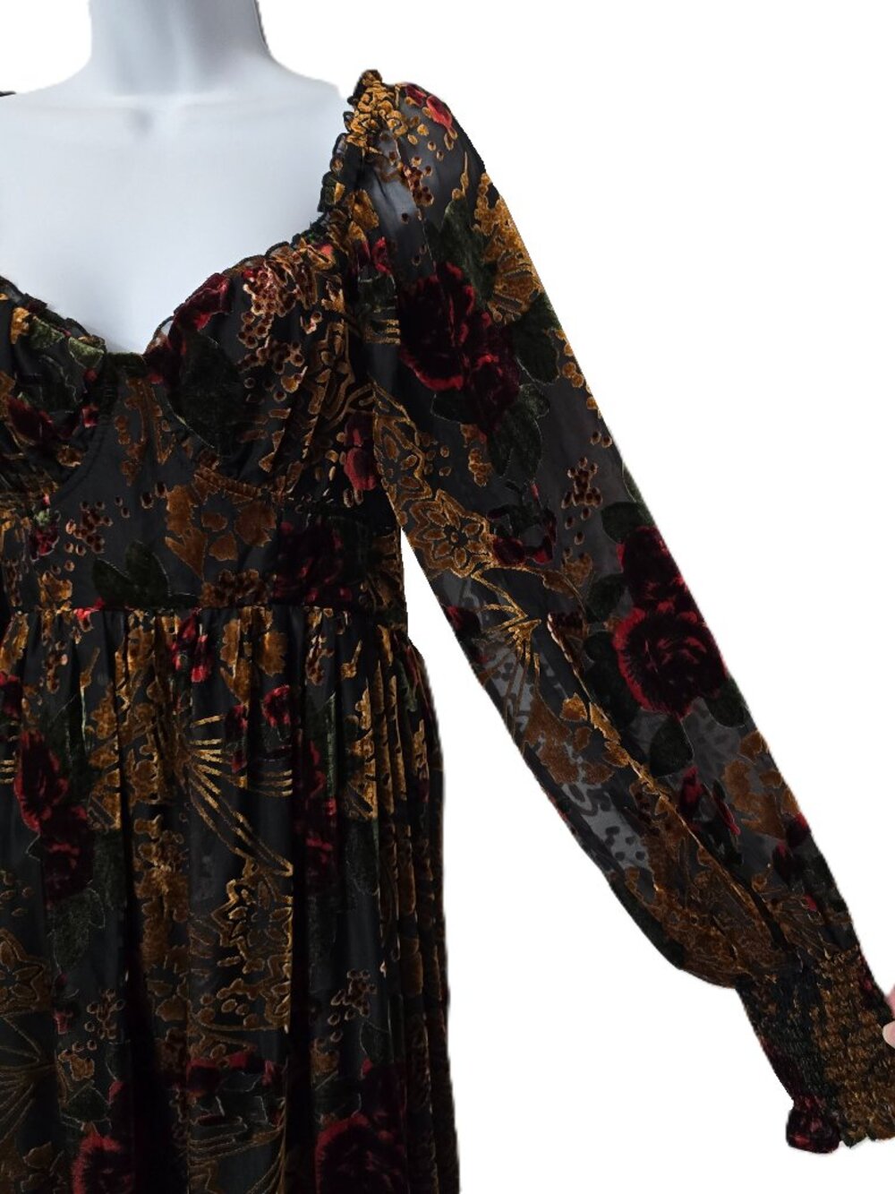 Baltic Born Velvet Burnout Dress L Maxi Puff Sleeve Smocked Black Copper Floral - Picture 6 of 12